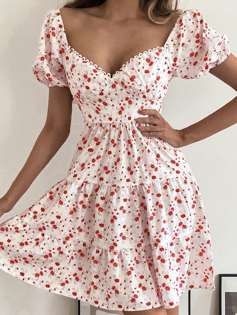 Ditsy Floral Ruffle Hem A-line Dress Red Dress With Flowers Casual, Red And White Floral Dress, White Dress Red Flowers, White Floral Dress Outfit, Red Flower Dress, Cloth Ideas, Floral Dress Outfits, Summer Flower Dress, Slay Outfits