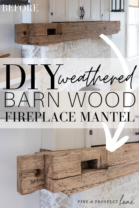 Weathered Barn Wood Fireplace Mantel DIY - Pine and Prospect Home White Chalkboard Paint, Barn Wood Fireplace, Wall Openings, Mantel Diy, Barn Beam Mantels, Pine And Prospect Home, Pine And Prospect, Cabin Remodel, Diy Mantel