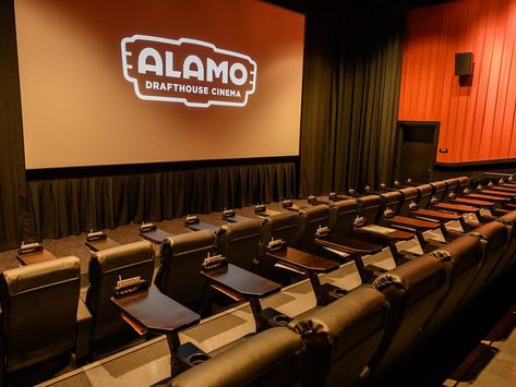 Alamo Drafthouse, The Godfather Of Dinner-And-A-Movie Theaters, Finally Opens In Manhattan - Gothamist Boston Seaport, Alamo Drafthouse Cinema, Alamo Drafthouse, Small Theatre, South Boston, The Alamo, Movie Theaters, Theatre Design, Financial District