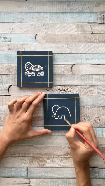 TreasureHutBySiri on Instagram: "Back after a short break… was fully occupied with soumith’s 1st birthday celebrations 🎉🎊… In frame - Madhubani inspired Elephant motif coasters… #elephant #coasters #wooden #indianhandicrafts #indianfolkart #trending #reels #instareels #newyearnewgoals #freeshipping" Wooden Coaster Painting Ideas, Coasters Wooden, Elephant Motif, Warli Art, Elephant Drawing, Trending Reels, Tea Coaster, Elephant Painting, Indian Folk Art