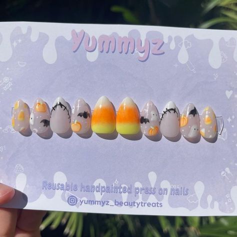 Pokemon Halloween Nails, Korean Halloween Nails, Halloween Cute Nails, Studio Ghibli Halloween Nails, My Melody Gel Nails, Kawaii Halloween Nails, Hello Kitty Mummy Nails, Sanrio Halloween Nail Art, Cutesy Halloween Nails