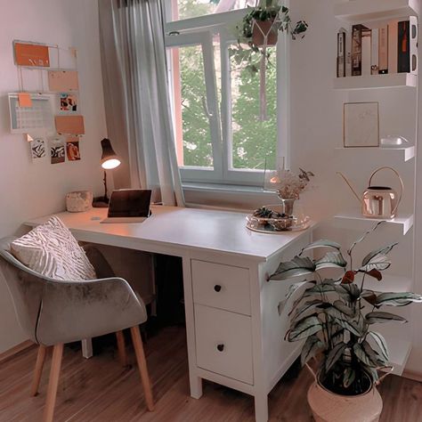 Small Cosy Office, Desk At Window Ideas, Small Desk Room Ideas, Work Space In Bedroom Desk Areas, Working Desk In Bedroom Corner, Desk By A Window, Desk Looking Out Window, Small Home Office With Window, Desk By Window Bedroom