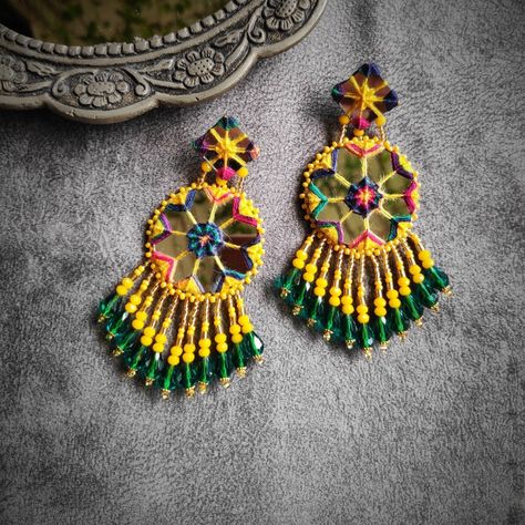 Mirror Work Earings Design, Mirror Embroidery Earrings, Aari Work Earrings, Mirror Earrings Handmade, Mirror Latkan, Mirror Work Jewellery, Mirror Work Earrings, Navratri Accessories, Garba Jewellery