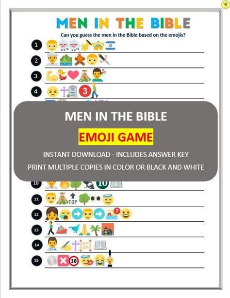 Women in the Bible Emoji Game Printable ✿ABOUT THIS GAME ✿ Find the Men from the Bible based on the Emoji  ✿ INCLUDED IN THE DOWNLOAD ✿ 1. Men in the Bible Emoji Printable (PDF file) 2. Men in the Bible Emoji Printable- Answer Key  (PDF file) ✿ HAPPY TO HELP ✿  Please send me a message for any questions or concerns regarding the file. ✿ MOST IMPORTANT✿ This game is made only for personal use only. Do not share, redistribute or alter my work in any way.  Due to the nature of the digital power poi Bible Emoji, Bible Study Activities, Women In The Bible, Emoji Game, Bible Quiz, Emoji Games, Bible Printables, Bible Games, Game Printable