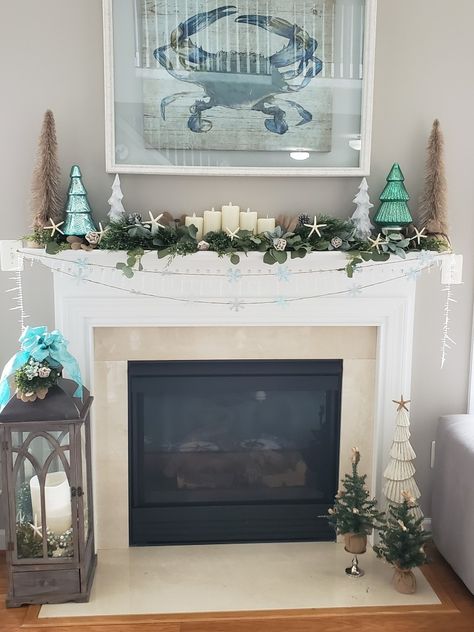 Beach Theme Fireplace Mantles, Coastal Christmas Mantle, Coastal Mantle, Beach Mantle, Coastal Mantle Decor, Seaside Christmas, Tree Fashion, Christmas Beach, Winter Things