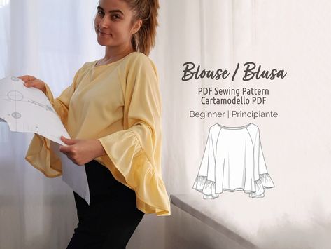 Boho Style BLOUSE With Ruffled Cuffs PDF Sewing Pattern N.82 - Etsy Oversize Sleeves, Style Blouse, Loose Fitting Tops, Bias Tape, Sleeves Top, Ruffled Sleeve Top, Ruffled Sleeves, Cotton Voile, Pdf Sewing Patterns