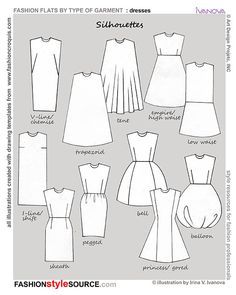 silhouettes of dresses. I think my favorite is sheath. Never would have known the name without this diagram. Fashion Terminology, Types Of Clothes, Style Guide Design, Types Of, Fashion Design Drawing, Fashion Dictionary, Fashion Terms, Fashion Silhouette, Fashion Vocabulary