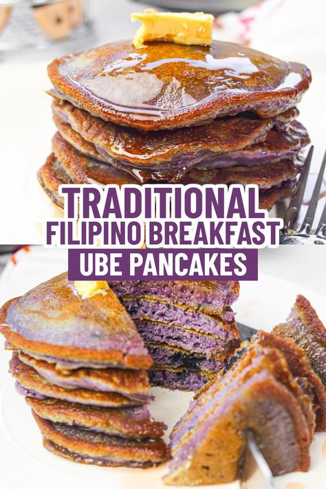 Recipes With Ube Jam, Purple Sweet Potato Pancakes, Ube Mochi Pancakes Recipe, Ube Pancakes Recipe, Ube Extract Recipe, Taro Pancakes, Purple Yam Recipe, Ube Pancakes, Purple Yams