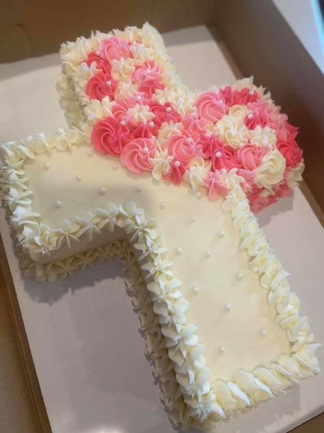 Cross Cakes First Communion, Cross Shaped Cake, Christian Birthday Cake, Bible Verse Cake, Cross Cake Ideas, Easter Cross Cake, Easter Cake Cross, Rosary Cake, Confirmation Party Ideas