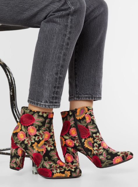 Women's fashion booties: high heeled embroidered shoes with floral pattern for fall and spring outfits | Buckle Mia Boots, Grey Booties, Mia Shoes, Embroidered Shoes, Snakeskin Heels, Ankle Strap Shoes, Black Chelsea Boots, Shoe Fits, Spring Shoes