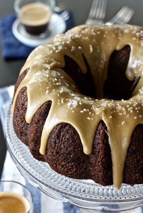 Salted Caramel Chocolate Espresso Bundt Cake Expresso Cake, Espresso Bundt Cake, Caramel Bundt Cake, Chocolate Expresso, Salted Caramel Icing, Lush Desserts, Caramel Shortbread, Tooth Cake, Black Cocoa