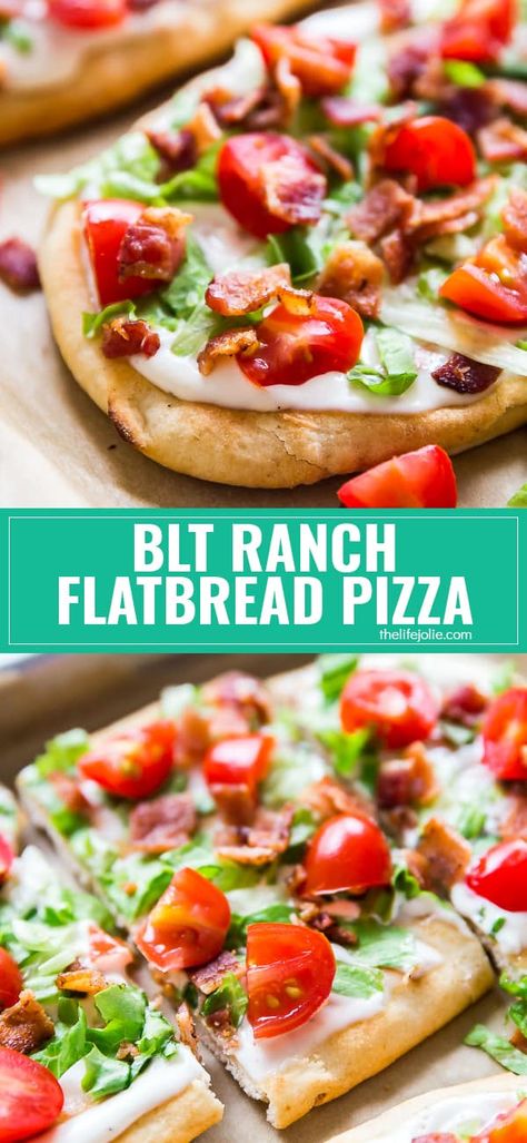 This BLT Ranch Flatbread Pizza is one of my favorite easy quick dinner hacks that combines two of my favorite things: pizza and BLT sandwiches. Crispy bacon, lettuce, tomatoes and creamy ranch dressing: Easy never tasted so good! Party Appies, Dinner Hacks, Blt Sandwiches, Easy Quick Dinner, Flatbread Pizza Recipes, Creamy Ranch Dressing, Pizza Ideas, Creamy Ranch, Savory Pies