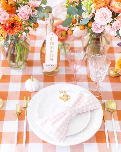 Thanksgiving Table Settings Elegant, Orange Fall Decor, Gingham Party, Fall Decor Bedroom, Pink Thanksgiving, Fall Tablecloth, Gingham Napkins, Fall Dinner Party, Orange Blush