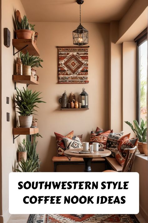 Southwestern style coffee nook with patterned pillows, hanging plants, and a decorative wall tapestry. Modern Southwest Entryway, Earthy Home Decor Boho Style, Santa Fe Home Decor, Southwestern Style Kitchen, Southwestern Living Room Ideas, Modern Southwestern Decor, Cozy Coffee Nook, Southwest Living Room, Coffee Nook Ideas