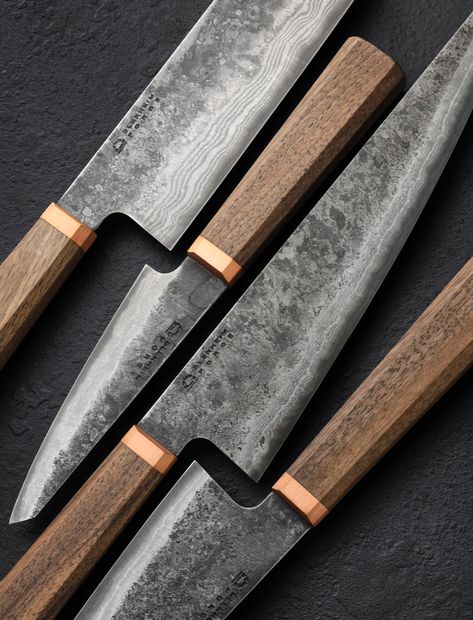 Make your kitchen complete with the comprehensive Blenheim Chef Knife Set. The four-knife kit contains a blade for every cut the kitchen demands, including the smaller petty chef, nakiri vegetable knife, versatile santoku, and full-size gyuto of Blenheim Forge's Classic Collection, at a special price. Together, these knives can tackle a wide range of meal prep tasks from handheld cuts, vegetable chopping and dicing, and slicing, and the preparation and serving of meat and fish. Each knife is hand-forged in Peckham, South London, then ground on traditional then water-cooled stone wheels, and features a san mai blade with Japanese Aogami Blue steel edge, and handles of walnut and solid copper. PETTY: Blade length: 120mm / 4.7". Overall length: 245mm / 9.7". Blade width at choil: 2.8mm. Blade Handmade Chef Knife, Kitchen Gear, Chef Knives, Japanese Chef, Chef Knife Set, Grilling Gifts, Japanese Knife, Bread Knife, Knife Handles