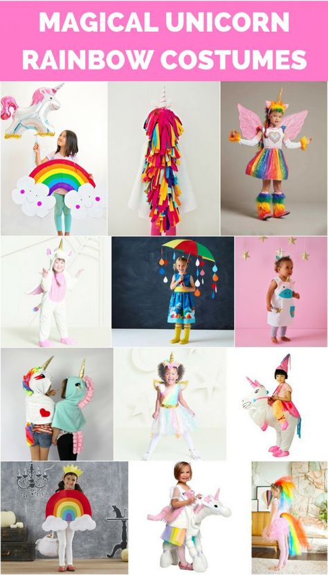 Rainbow Costume Diy, Unicorn Fancy Dress, Rainbow Halloween Costume, Diy Unicorn Costume, Unicorn Costume Kids, Rainbow Costumes, Unicorn Halloween Costume, Unicorn And Rainbow, Kids Homemade