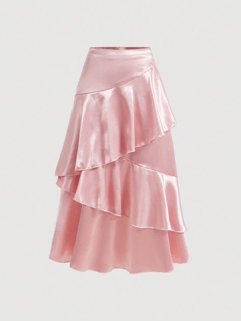 Pink Casual,Elegant,Party Collar  Woven Fabric Plain Asymmetrical,Layered/Tiered Embellished Non-Stretch  Women Clothing Tiered Skirt Outfit, Outfit Combos, Cute Modest Outfits, Rock Outfit, Spring Fits, Satin Midi Skirt, Women Skirts, Girls Girl, Tech Fashion