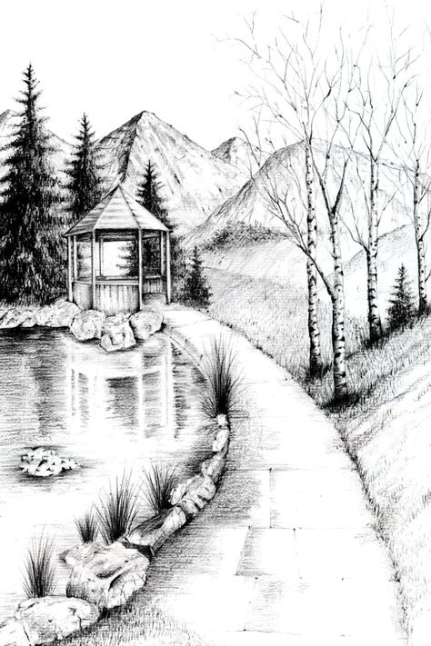 Path Drawing Ideas, Scenery Sketch Landscapes, Nature Sketch Ideas, Drawing Scenery Landscapes, Nature Pencil Art, Nature Drawing Pencil, Landscape Shading, Landscape Sketch Pencil, Landscape Drawing Pencil