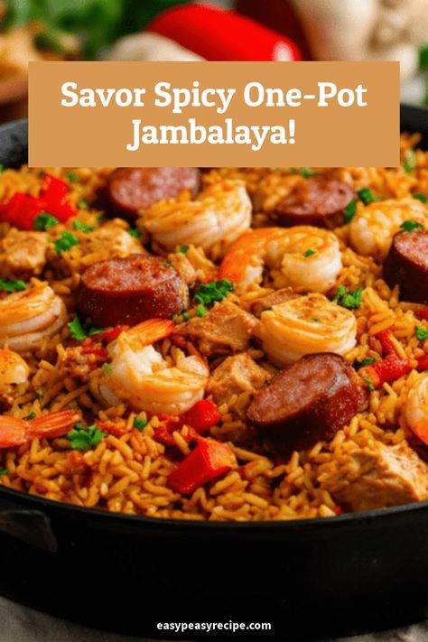 A close-up of a colorful, spicy one-pot jambalaya filled with sausage, chicken, shrimp, rice, and vegetables in a black skillet. One Pot Jambalaya Recipe, Shrimp And Sausage Jambalaya, Rice With Sausage, Jambalaya Rice, Struggle Meals, Easy Stuffed Peppers, Easy Zucchini Recipes, Avocado Chicken, Easy Peasy Recipes