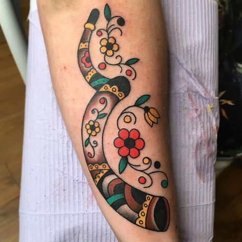 A shofar for Rachael, who is just the coolest person!  A Shofar is an ancient musical horn, typically made of a rams horn. It’s blown in… Ram Tattoo Traditional, Shofar Tattoo, Traditional Ram Tattoo, Ram Tattoo, Rams Horn, Tattoo Traditional, Ram Horns, American Traditional Tattoo, Art Tattoos