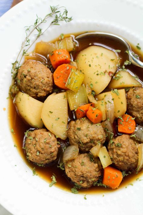 Meatballs and Potatoes Soup Potatoes And Meatballs, Meatballs And Potatoes, Recipes With Potatoes, Potatoes Soup, Homemade Beef Stew Recipes, Easy Healthy Soup, Easy Soup Recipes Healthy, Easy Beef Stew Recipe, Easy Comfort Food Dinners