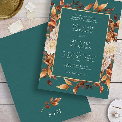 $2.04 | Teal Fall Floral Wedding #watercolor floral, fall colors, fall foliage, autumn wedding, rust copper terracotta burnt orange, nature garden theme, modern botanical, rustic boho, elegant leaves flowers, teal blue green Fall Floral Wedding, Orange Nature, Wedding Watercolor, Modern Botanical, Fall Wedding Invitations, Wedding Invitations Boho, Flower Wedding Invitation, Floral Wedding Invitation, Rustic Boho