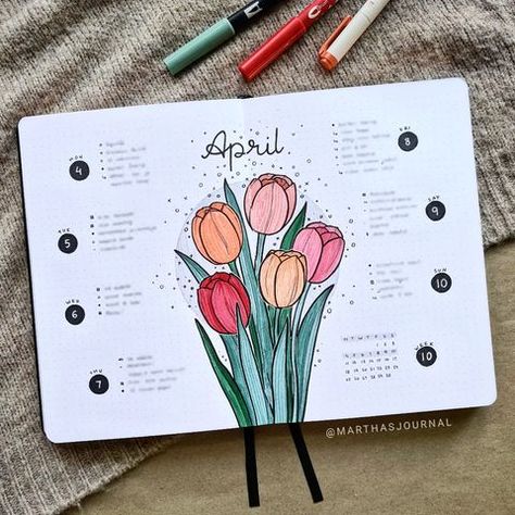 . ⊹ ｡*  ᴍᴀʀᴛʜᴀ ⊹ ｡･ . (@marthasjournal) • Instagram photos and videos Spring Journal Aesthetic, Tulip Bujo Theme, Tulip Bullet Journal, Tulip Doodle, Bullet Journal Flowers, April Weekly Spread, Bullet Journal May, Colorful Doodles, April Bullet Journal