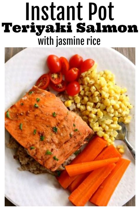 Instant Pot Teriyaki Salmon and Rice--frozen salmon fillets are thrown into your electric pressure cooker with some rice and cooked until flaky. This is such an easy and fast way to make salmon. Serve your salmon and rice with veggies and you have a complete meal. #instantpot #salmon #instapot #pressurecooker Teriyaki Salmon And Rice, Rice With Veggies, Keto Dip, Dip Easy, Pizza Dip, Garlic Butter Salmon, Frozen Salmon, Salmon And Rice, Teriyaki Salmon