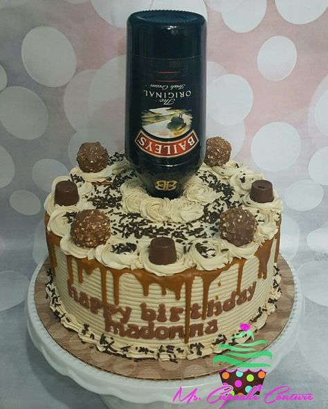 Baileys themed vanilla bean cake with baileys hazelnut buttercream topped with a butterscotch drip, Ferrero Rocher chocolates and Rolo caramel filled chocolates. Caramel Filled Chocolates, Hazelnut Buttercream, Baileys Cake, Vanilla Bean Cake, Filled Chocolates, Vanilla Bean Cakes, Bean Cake, Ferrero Rocher Chocolates, Themed Birthday Cakes