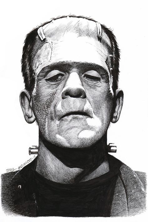 Frankenstein Tattoo Stencil, Frankenstein Reference, Frankenstein Tattoo Traditional, Frankinstine Drawings, Frankenstein Tattoo Design, Frankenstein Art Illustrations, Frankenstein Black And White, Frankenstein Sketch, Frankenstein Portrait