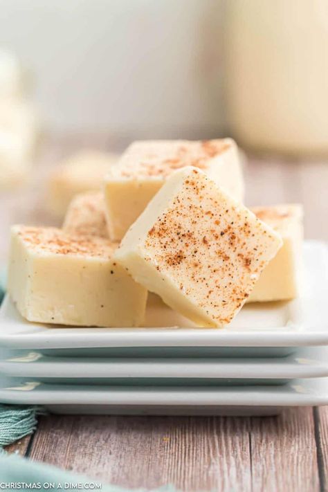 Eggnog Fudge - Christmas on a Dime Rum Fudge Recipe, Xmas Fudge, Farmers Market Baked Goods, Eggnog Fudge Recipe, Market Baked Goods, Rum Fudge, Baked Goods Ideas, Fudge Desserts, Alcoholic Eggnog