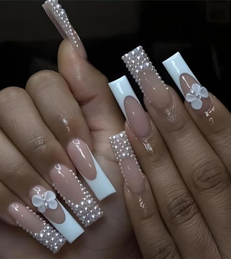 French Nails With Bow, Pearl French Nails, Ongles Bling Bling, Long Square Nails, Art Costume, Coffin Shape, Fake Nails With Glue, Nail Essentials, Pearl Nails