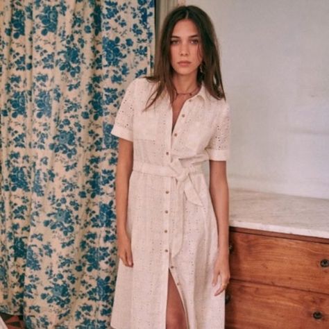 Sezane Adele in Ecru Floral Eyelet Belted Midi Dress 40 / US 8 Belted Midi Dress, Midi Shirt Dress, Midi Length Dress, Shirtdress, Shirt Collar, Adele, Style Design, Short Dresses, Shirt Dress