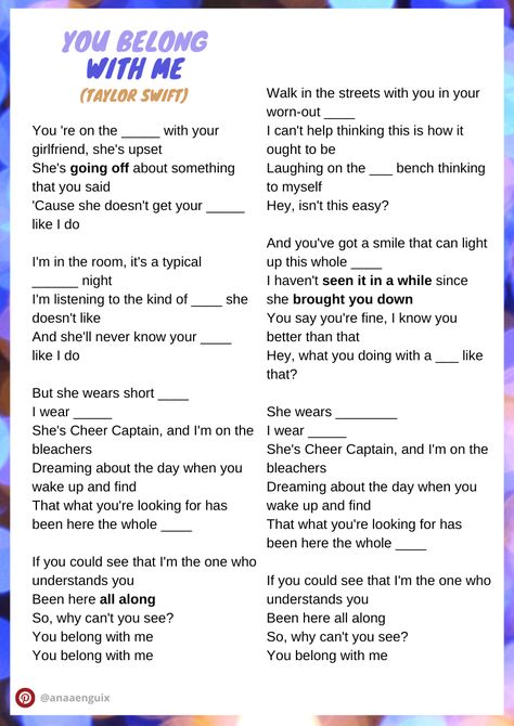 Worksheet with lyrics to complete Song Lyrics Worksheet, Taylor Swift Worksheet, Nsync Lyrics, Lyrics Worksheet, Songs For Teenagers, Complete The Lyrics, Song Worksheet, Barbie Song, English Activity