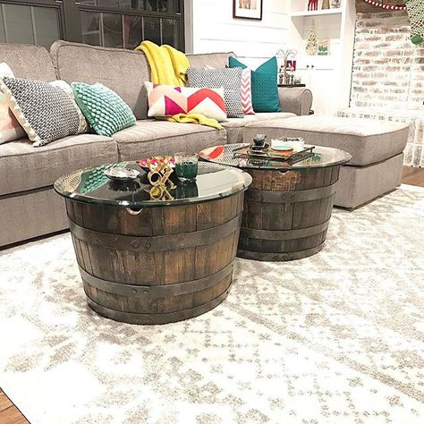 Whiskey Barrel Coffee Table, Whiskey Barrel Decor, Wine Barrel Coffee Table, Farmhouse Eclectic, Whiskey Barrel Table, Wine Barrel Decor, Barrels Diy, Wine Barrel Table, Drink Accessories