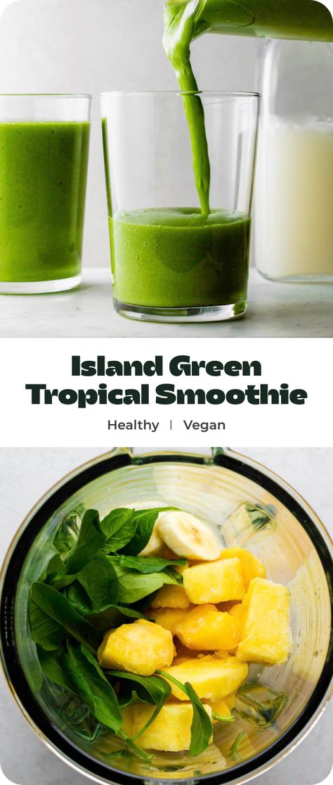 This Detox Island Green Tropical Smoothie will be your new favorite smoothie to make! It features tropical fruits like mango and pineapple, as well as ginger for an extra kick! It's packed with vitamin C, and is a delicious way to eat more greens! Smoothies For Detoxing, Tropical Smoothie Green Island Recipe, Island Green Smoothie Tropical Smoothie, Tropical Smoothie Island Green Recipe, Tropical Smoothie Recipes Copycat, Detox Island Green Smoothie Recipe, Tropical Smoothie Cafe Recipes, Island Green Smoothie Recipe, Tropical Smoothies