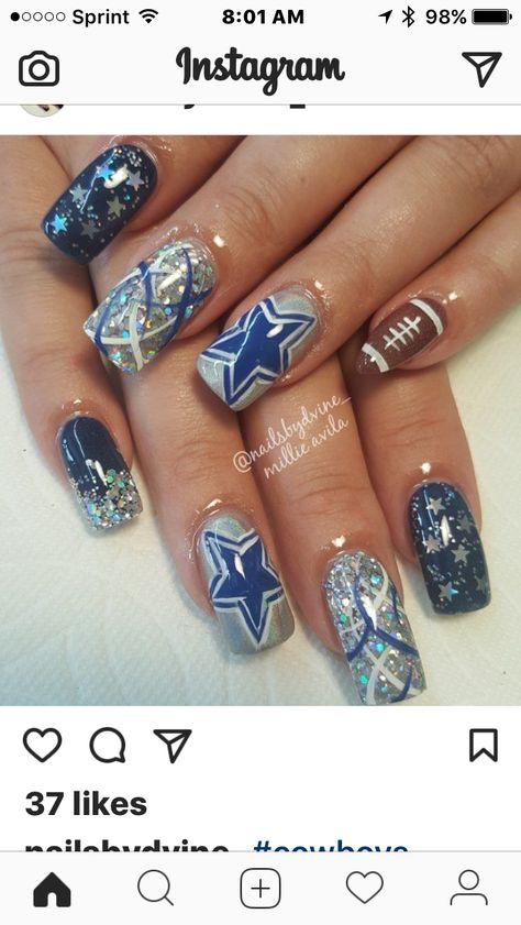 Football nails Cowboy Football Nails, Dallas Nails Cowboys, Dallas Cowboys Nails Designs Football, Cowboys Nails Design, Dallas Cowboys Nails Acrylics, Dallas Cowboy Nails, Football Nails Design, Dallas Nails, Dallas Cowboys Nail Designs