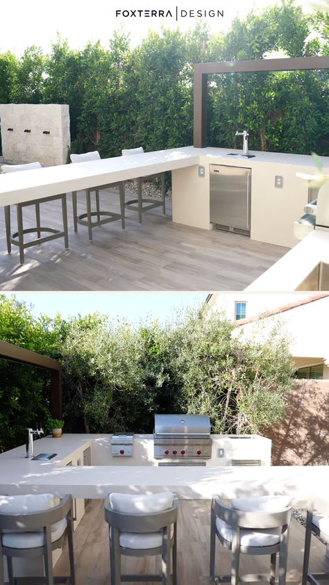 We added a unique u-shaped outdoor kitchen to this small backyard design and it serves as a functional focal point!  This modern Mediterranean outdoor kitchen features a beer tap, modern BBQ and plenty of space for entertaining.  See inside this modern Mediterranean backyard landscape design here & follow for more luxury landscape ideas & luxury outdoor kitchen inspiration! Modern Mediterranean Outdoor, Mediterranean Outdoor Kitchen, Small Backyard Transformation, Modern Mediterranean Backyard, Sunken Seating Area, Mediterranean Backyard, Sunken Seating, Luxury Landscape, Backyard Transformation