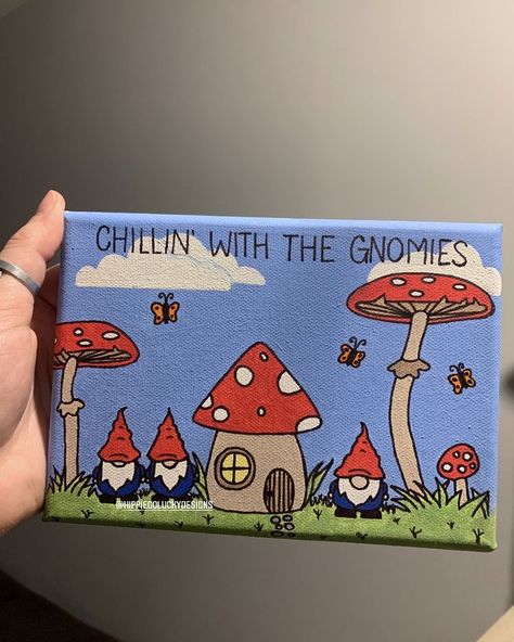 Mushroom Cute Painting, Hippy Canvas Art, Gnomes And Mushrooms Painting, Dreamcore Painting Ideas, Cute Pictures To Paint On Canvas, Canvas Painting Ideas Mushrooms, Painting Ideas On Small Canvas Aesthetic, Gnome Drawing Ideas, Mushroom Canvas Painting Ideas