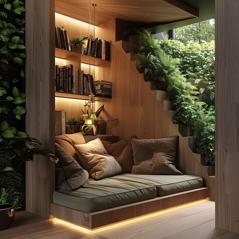 Nature��’s Refuge: A Biophilic Reading Nook Under Your Stairs Find solace in a serene escape beneath your staircase. Embrace the calming presence of nature with a biophilic-inspired reading nook. Surround yourself with greenery, natural textures, and gentle lighting for a cozy retreat right at home. Conceptual AI Art Follow @ecosapiens for more! Home Library Rooms, Normal House, Cozy Interior Design, Living Room Built Ins, House Roof Design, Cozy Reading Corners, New Build, Surround Yourself, Cozy Reading Nook