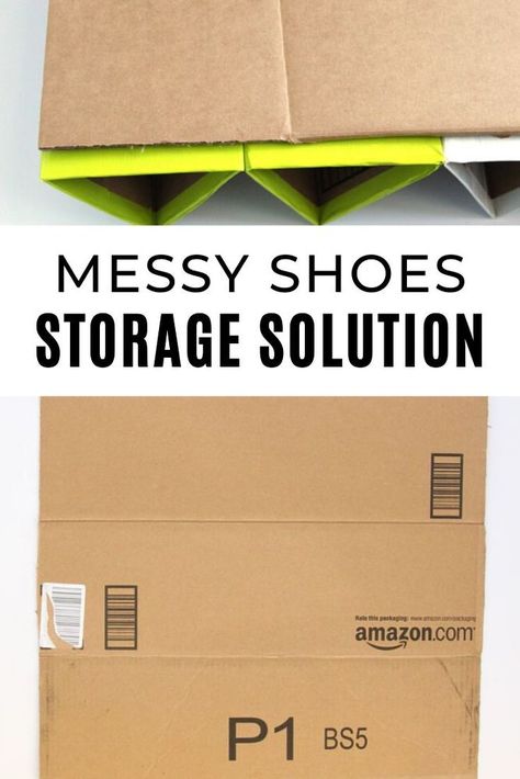 Are shoes taking over your floor? Check out this cheap, easy and quick shoe storage solution that is clever and eco- friendly by reusing cardboard boxes. Perfect for entryway closets. #diy #shoestorage #cardboard Plastic Crate Shoe Storage, Shoe Box Storage Ideas, Diy Shoe Box Ideas, Shoe Box Ideas, Diy Shoe Storage Ideas, Entryway Closets, Shoe Storage Ideas For Small Spaces, Space Saving Shoe Rack, Shoe Storage Small Space