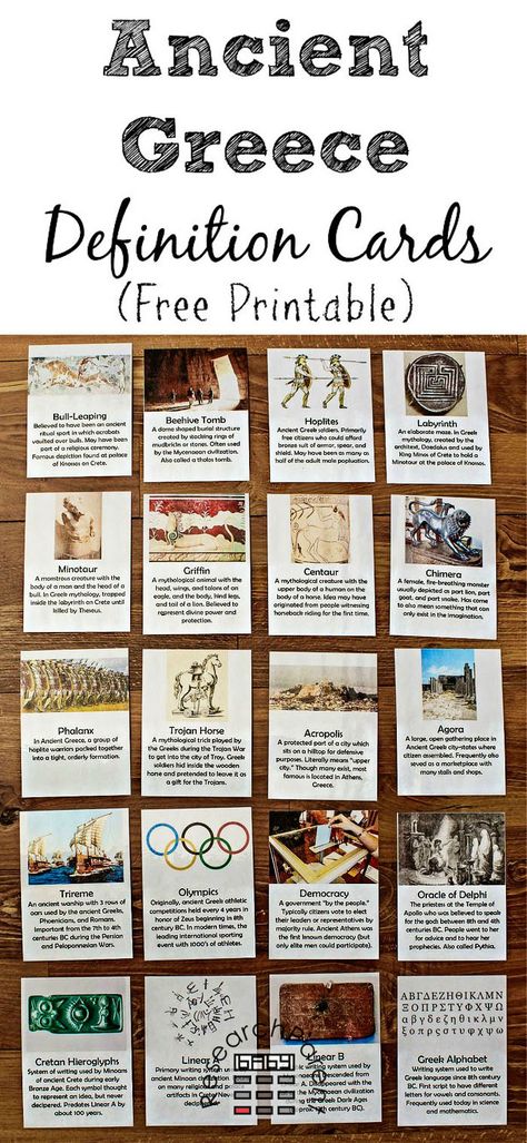 Ancient Greece Definition Cards - Free, Printable, Montessori-Inspired cards for learning vocabulary relevant to Ancient Greece including bull-leaping, beehive tomb, hoplites, labyrinth, minotaur, griffin, centaur, chimera, phalanx, Trojan horse, acropolis, agora, trireme, Olympics, democracy, Oracle of Delphi, Cretan Hieroglyphics, Linear A, Linear B, and Greek alphabet Ancient Greece Worksheets Free Printable, Ancient Greece Activities, Ancient Greece History, Ancient Greece Art, Art History Timeline, Greece History, Planning School, Ancient World History, 6th Grade Social Studies