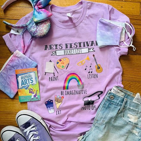 Head to Disney’s Festival of the Arts with to-do list in hand! Here’s our Disney Bucket List tee for the festival! #artfulepcot #disneyshirt Disney Festival Of The Arts, Epcot Outfit, Disney Bucket List, Painted Shorts, Matching Disney Shirts, Art Outfit, Disney Trip Planning, Disney Epcot, Disney Shirt