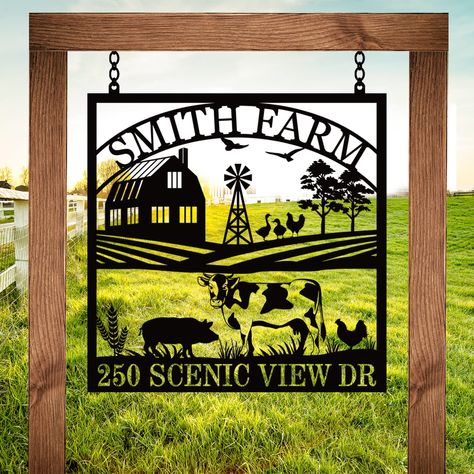 PRICES MAY VARY. Personalized Farmhouse Decor: Create a unique touch to your farmhouse decor with our personalized metal farm sign. Add your family name or any custom text to make it truly yours. Stronger Material : Personalized metal outdoor name sign is cut from heavy-duty 14-gauge steel (0.08 inches thick). The personalized metal signs are made of wearable metal material, fine workmanship and painting make it keep glossy for a long time, not easy to rust or fade over time. Durable Outdoor Sig Metal Ranch Sign, Custom Farm Signs, Metal Farm Sign, Farm Entrance, Ranch Sign, Personalized Metal Signs, Entrance Sign, Farm Signs, Custom Metal Signs