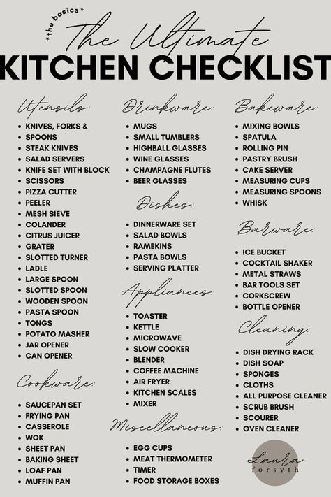 Kitting out a brand new kitchen? There are so many foundational pieces you need in your arsenal – and we’ve listed them all in this handy post! #kitchenchecklist #listofkitchenessentialsfornewhome List Of Kitchen Appliances, Kitchen Basics Utensils, Kitchen Basics List, First Apartment Checklist Kitchen, New Kitchen Essentials List, List Of Appliances For New House, New Apartment Kitchen Checklist, Kitchen Essentials List Apartments, House Appliances List