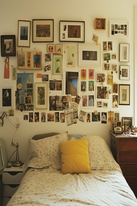 Cozy guest bedroom with a variety of framed pictures on the wall and a colorful bedspread. Eclectic Guest Bedroom, Guest Bedroom Ideas, Photo Wall Display, Versatile Furniture, Bedroom Photos, Bedroom Space, Open The Door, Guest Bedrooms, Cozy Bed