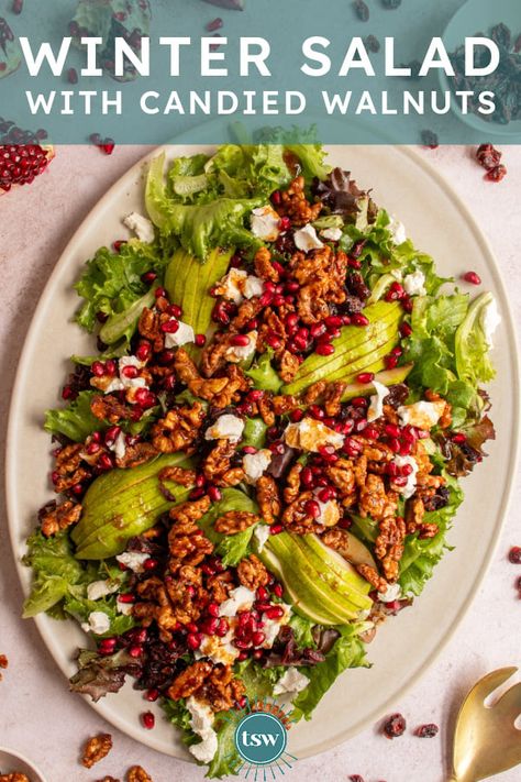 Festive Winter Salad with Candied Walnuts - The Schmidty Wife Candied Walnuts For Salad, Spicy Walnuts, Pomegranate Recipes, Bartlett Pears, Walnut Salad, Winter Salad, Dinner Plan, Pomegranate Seeds, Mixed Greens