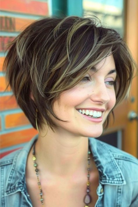 Pixie Bob with Balayage Highlights Short Layered Haircut. Layer Short Bob Haircut, Outfits For Women With Short Hair, Short Bob Styles For Thick Hair, Womens Short Layered Haircut, Women’s Short Haircut Bob, Pixie Bob Haircut For Round Faces, Short Bob Haircuts For Women 2023, Short Hairstyle Women Pixie Thick Hair, Women’s Short Bob Haircut