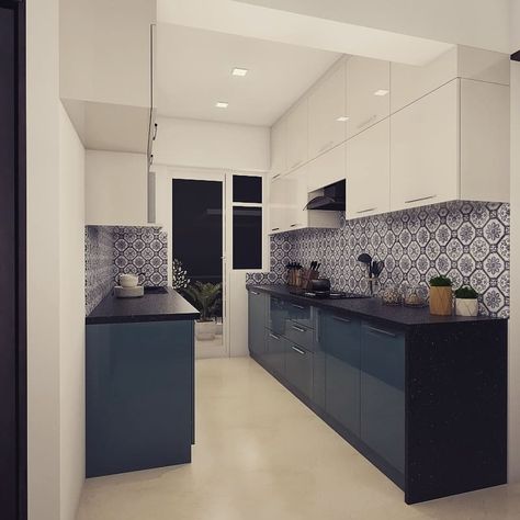 squarespace’s Instagram photo: “Parallel kitchen design with winter sea and white finishes #kitchendesign #kitchendecor #parallelkitchen #mosaic #designinspiration…” Kitchen Ideas Parallel, Indian Kitchen Design Ideas With Black Countertop, Parallel Kitchen Ideas Indian, Kitchen Interior For Parallel Platform, Parallel Platform Kitchen Designs, Parellal Kitchen Interior, Parallel Kitchen Design Small Indian, Modular Kitchen Design Indian Parallel, Parallel Modular Kitchen Design