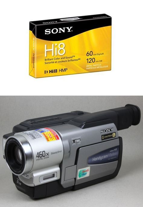 Composition image of the Hi8 video format. Featuring its cassette tape and a compatible camcorder/camera. Vintage Videos, Magnetic Tape, Video Tapes, Vintage Stuff, Cassette Tape, Cassette Tapes, Camcorder, Surrealism, Cameras